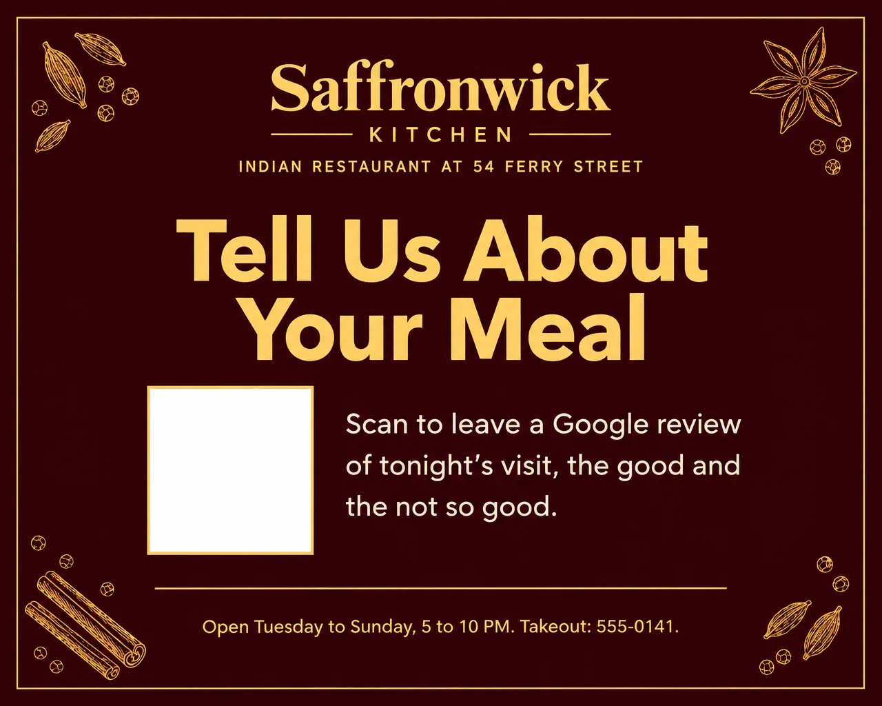Restaurant table tent card in burgundy and gold reading Tell Us About Your Meal, with an empty square for a QR code