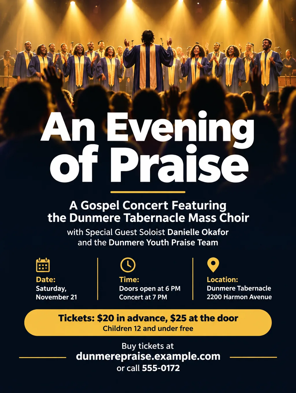 Gospel concert flyer with a robed choir under gold spotlights, An Evening of Praise, Saturday, November 21, tickets $20