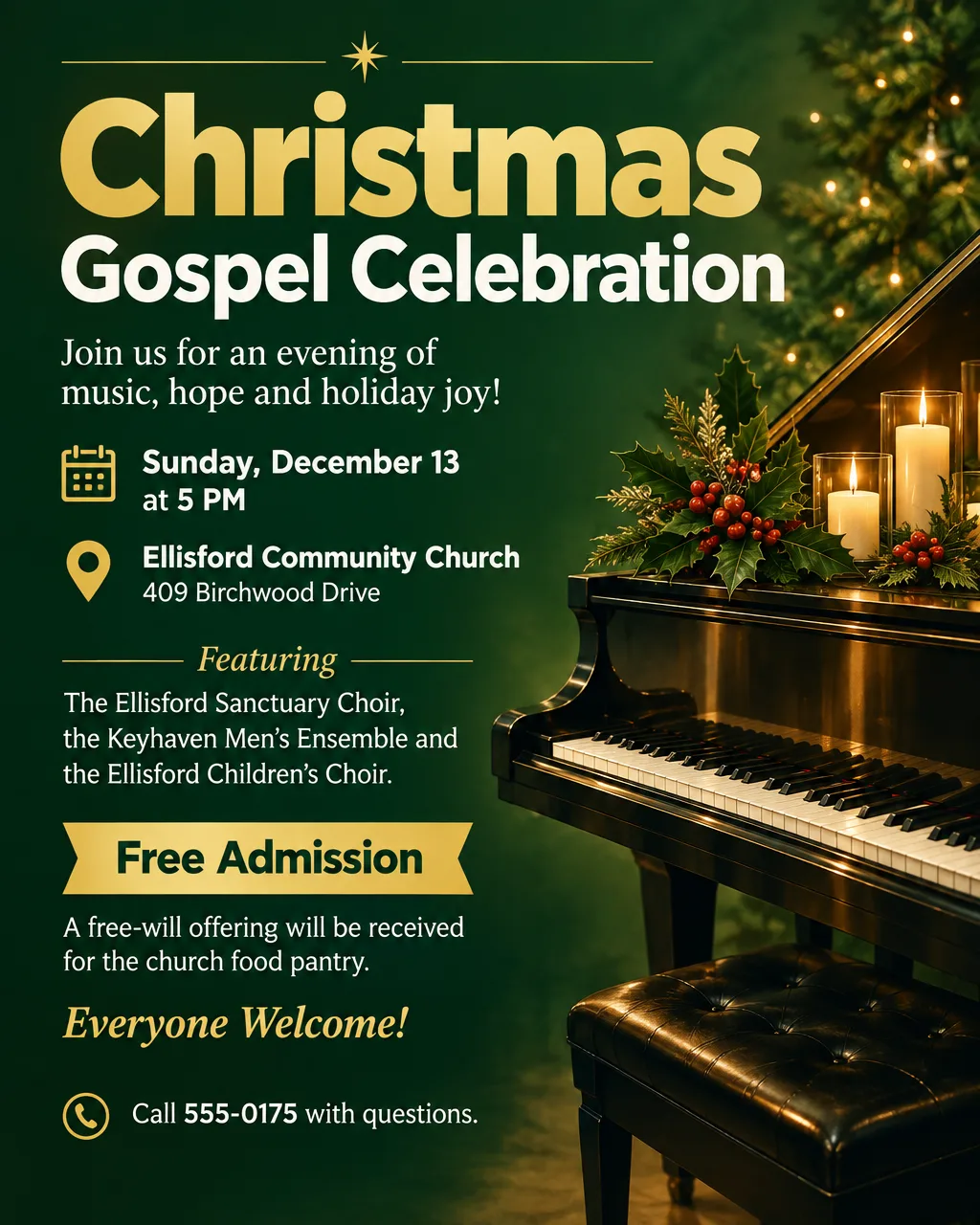 Christmas gospel concert flyer in deep green and gold with a grand piano, holly and candlelight, Sunday, December 13 at 5 PM