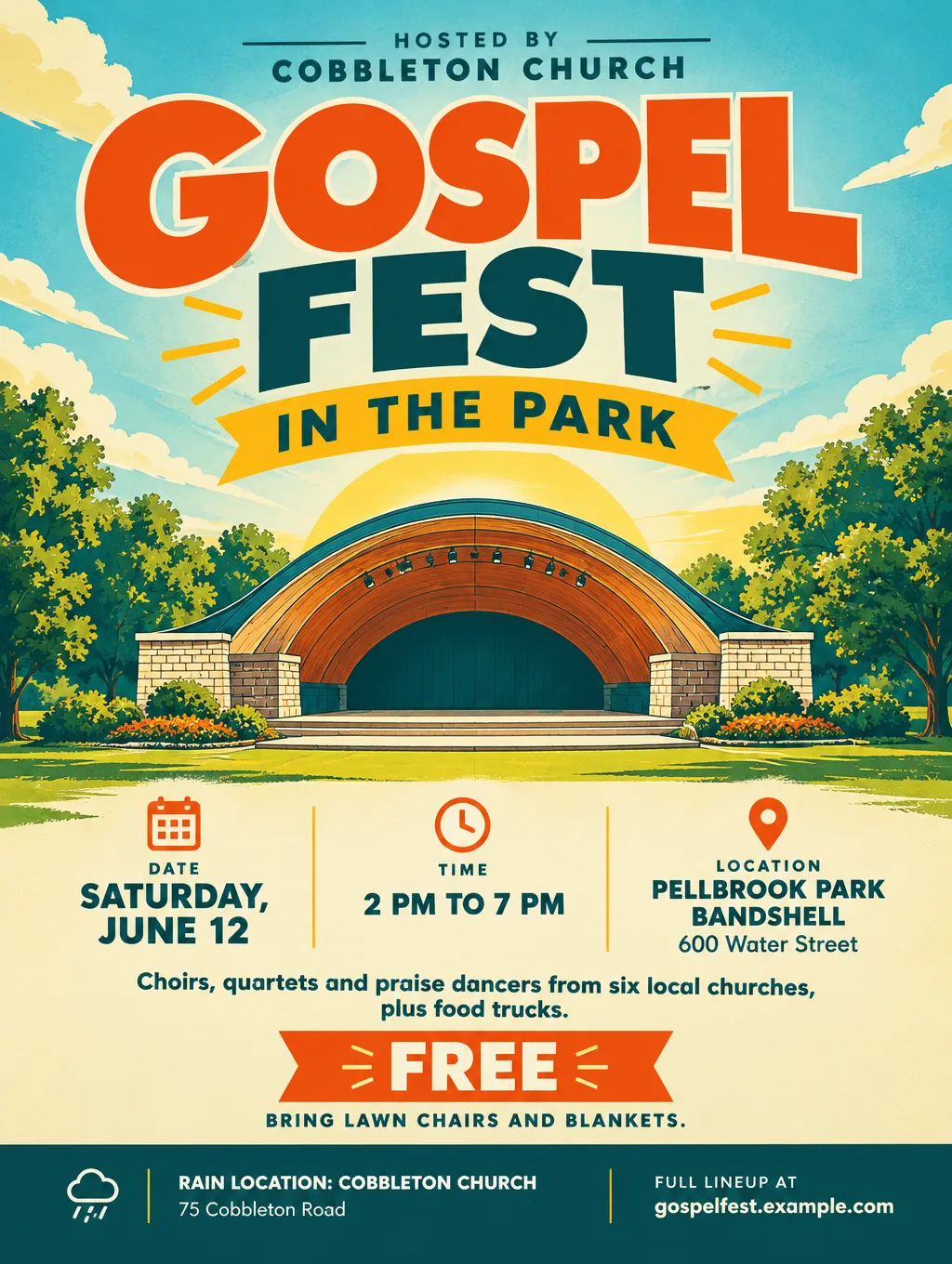 Retro poster for Gospel Fest in the Park with a bandshell under a summer sky, Saturday, June 12, 2 PM to 7 PM, free