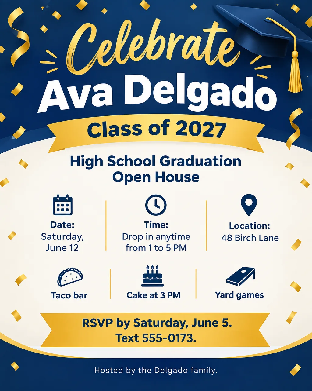 Navy and gold graduation open house flyer with confetti and a cap, Ava Delgado, Class of 2027, Saturday, June 12