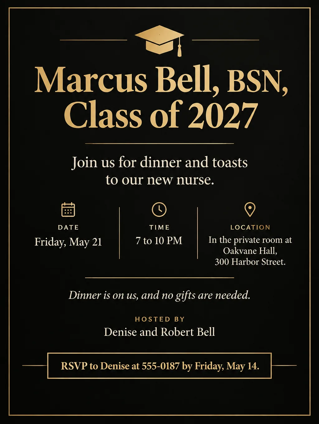 Elegant black and gold graduation dinner invitation, Marcus Bell, BSN, Class of 2027, Friday, May 21, 7 PM