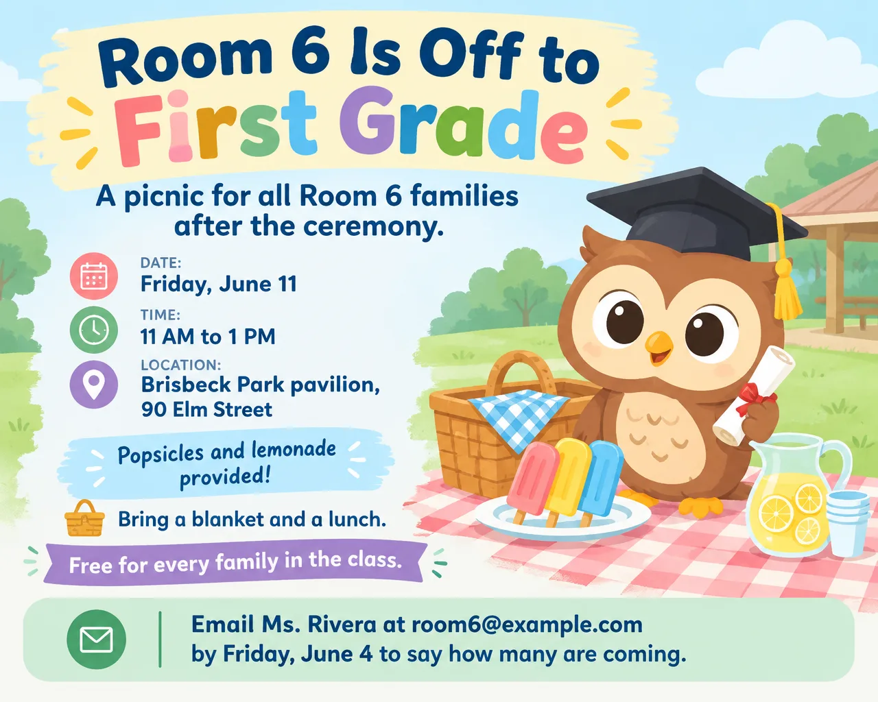 Kindergarten graduation picnic flyer with an original cartoon owl in a tiny cap, Friday, June 11, Brisbeck Park pavilion