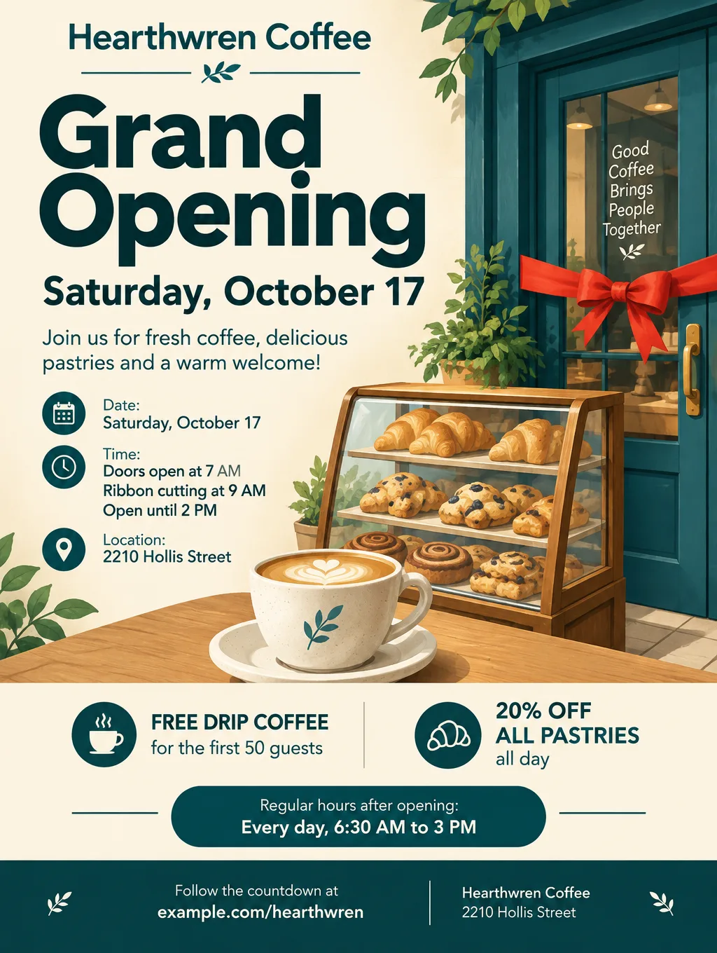 Coffee shop grand opening flyer for Saturday, October 17, a red ribbon across the door, free coffee for the first 50