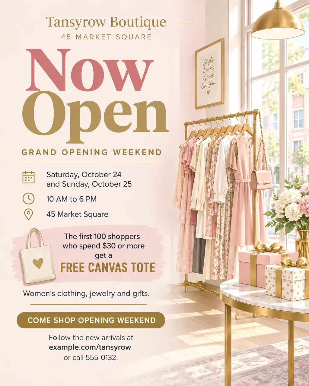 Boutique grand opening weekend flyer in blush pink and gold, free canvas tote for the first 100 shoppers who spend $30