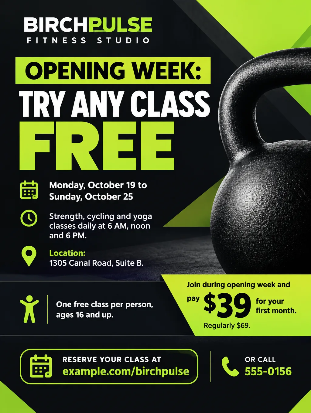 Fitness studio grand opening week flyer in black and lime green, try any class free October 19 to 25