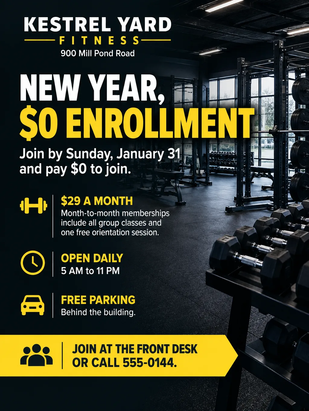 Dark gym membership flyer with a photo of an empty weight room, New Year $0 Enrollment, $29 a month