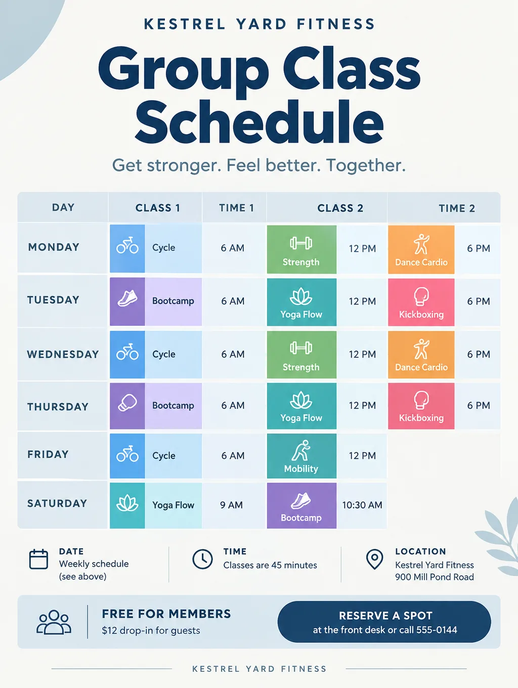 Light weekly group class schedule flyer with a grid of days and class times, Group Class Schedule
