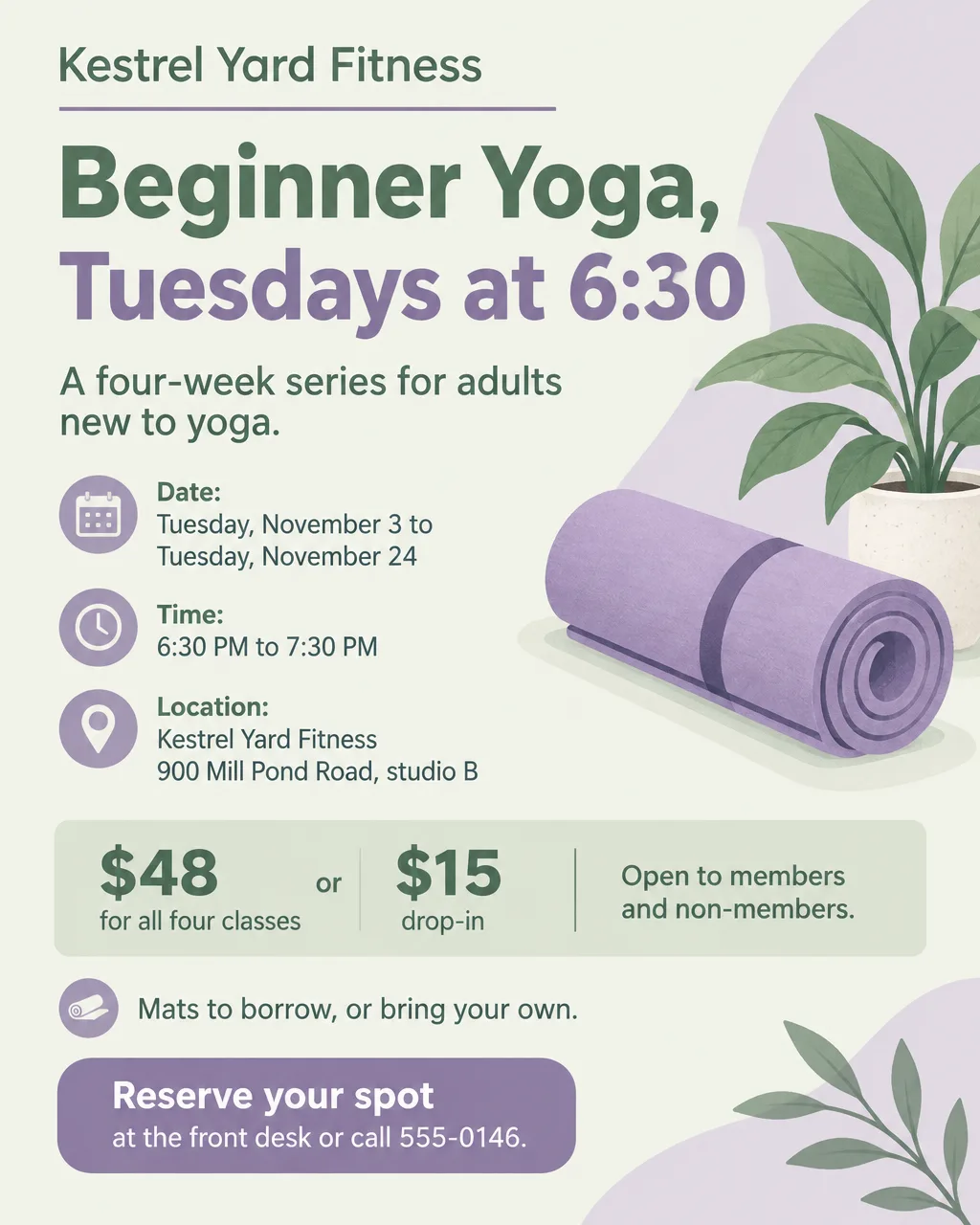 Pastel beginner yoga series flyer with a drawing of a rolled mat and a plant, Tuesdays in November