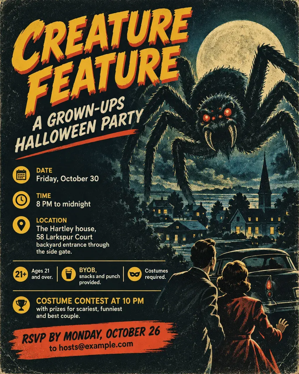 Retro monster-movie Halloween party flyer with a giant spider over a moonlit town, Friday, October 30, 8 PM, ages 21 and over