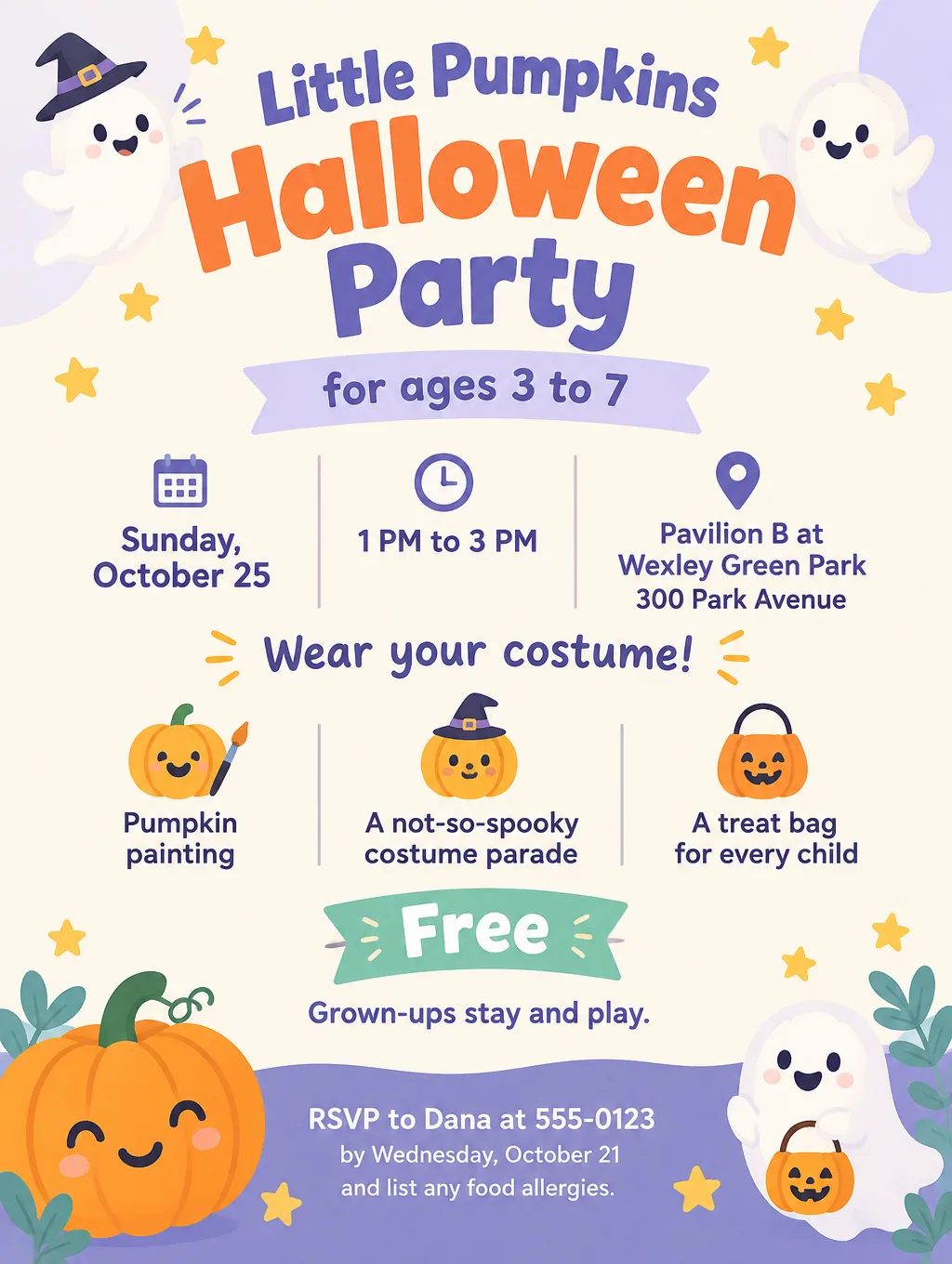 Pastel kids Halloween party flyer with smiling ghosts and pumpkins, for ages 3 to 7 on Sunday, October 25, 1 to 3 PM