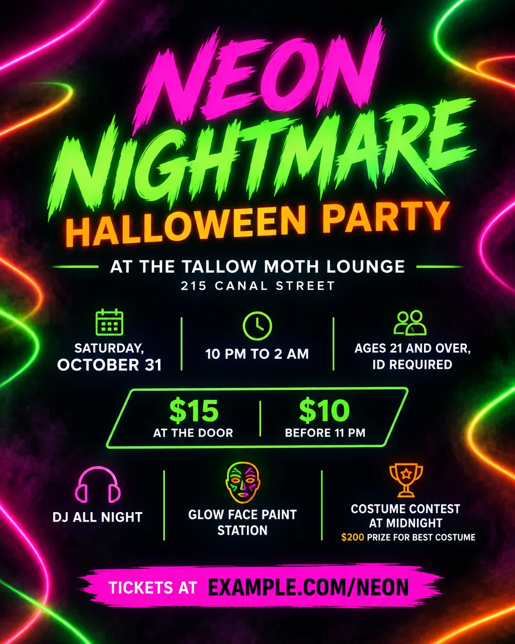 Neon Halloween club flyer with glowing pink, green and orange light trails, Saturday, October 31, 10 PM, 21 and over