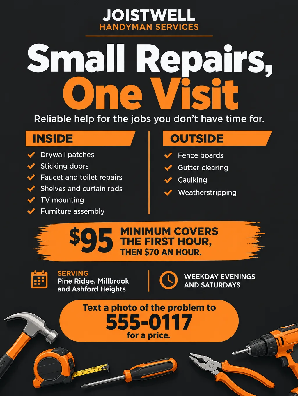 Handyman flyer reading Small Repairs, One Visit, with a two-column job list, a $95 minimum and illustrated hand tools