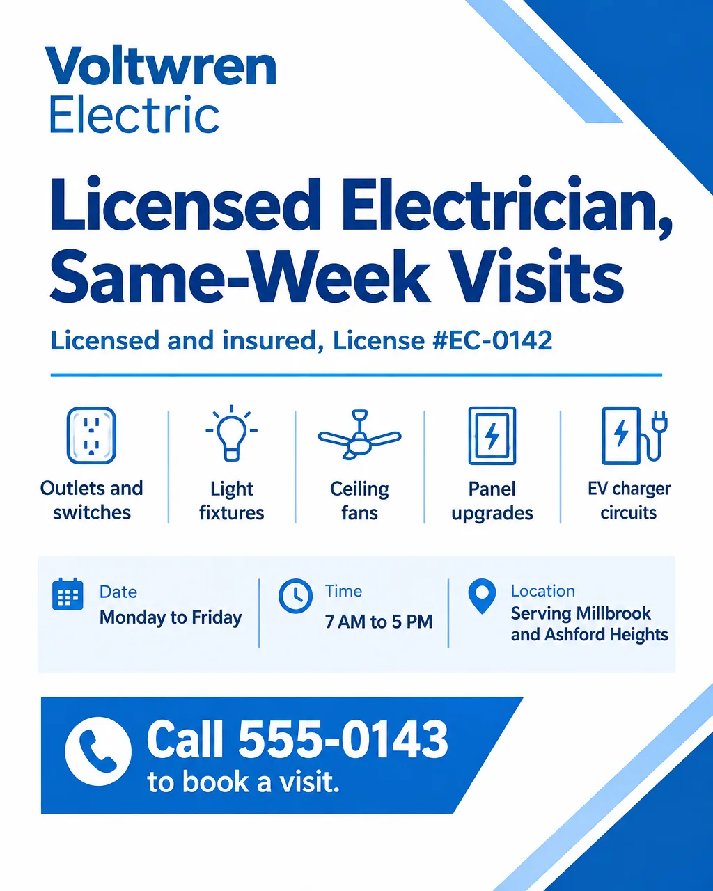 Electrician flyer reading Licensed Electrician, Same-Week Visits, with a license number line and a list of electrical jobs