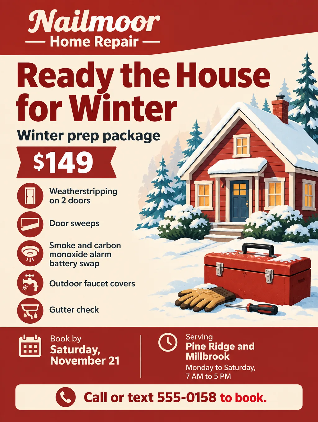 Winter prep flyer for a handyman with a snowy house illustration, a $149 package price and a list of weatherproofing jobs