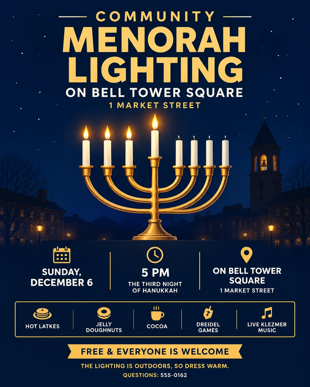 Navy and gold community menorah lighting flyer with a large menorah, three candles and the shamash lit, dated Sunday, December 6