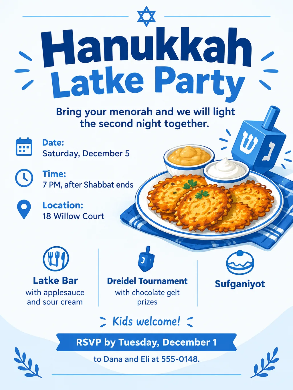 Playful blue and white latke party invitation with a cartoon dreidel, a plate of latkes and the date Saturday, December 5