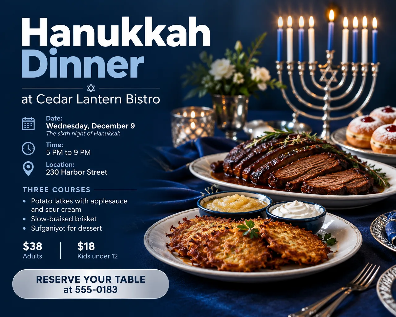 Wide deep blue and silver restaurant flyer for a Hanukkah dinner with a photo of latkes and brisket and a reservation number