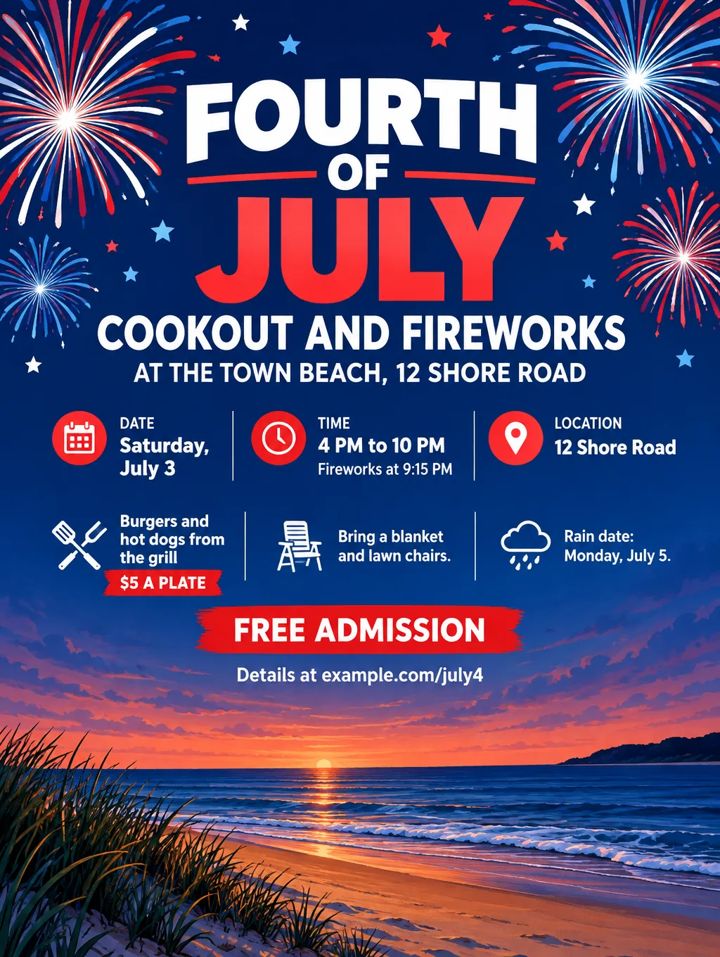 Fourth of July cookout and fireworks flyer with red, white and blue fireworks over a beach, Saturday, July 3, 4 PM