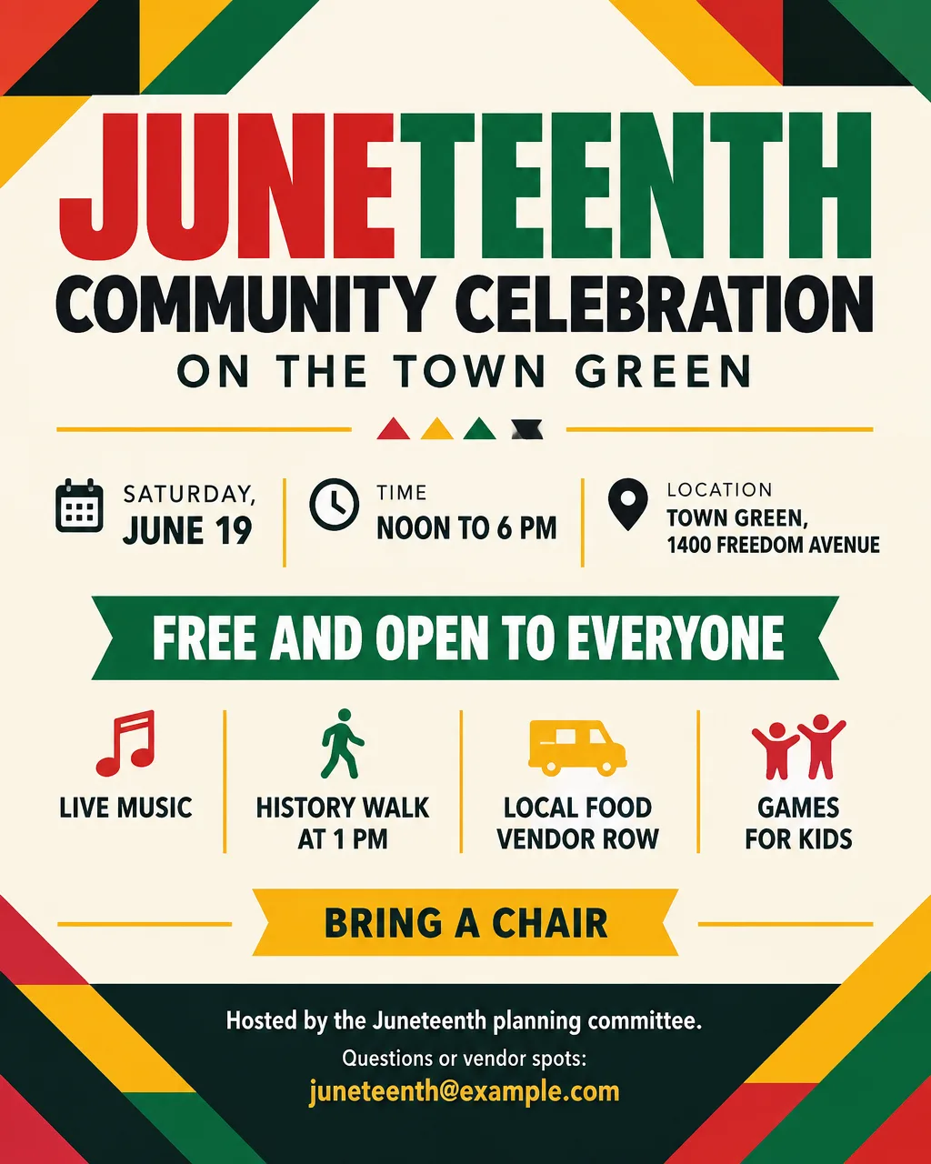 Juneteenth community celebration flyer with bold geometric shapes, Saturday, June 19, noon to 6 PM on the Town Green