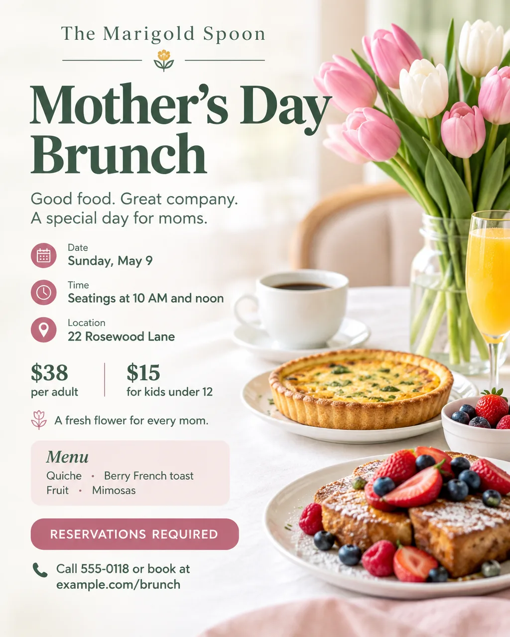Mother's Day brunch flyer with a photo of quiche, berry French toast and tulips, Sunday, May 9, 10 AM and noon seatings