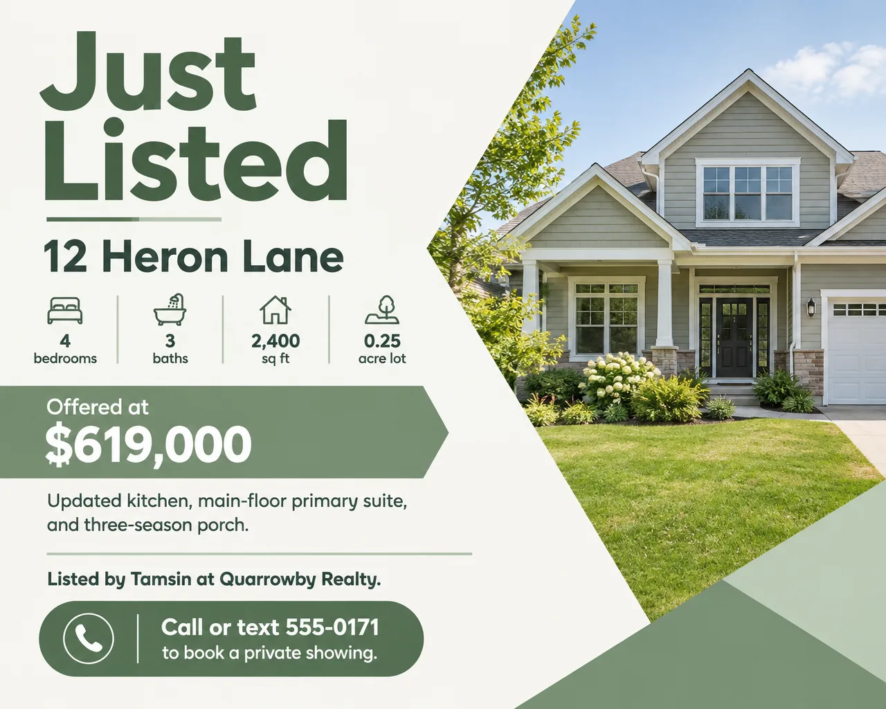 Just Listed flyer for 12 Heron Lane, 4 bedrooms, 3 baths, 2,400 sq ft, $619,000, beside a photo of a gray two-story house