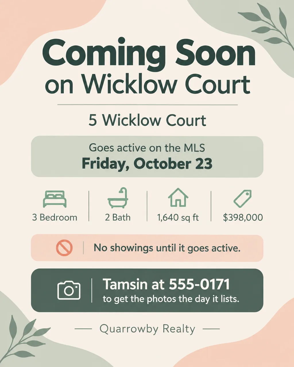 Coming Soon flyer for 5 Wicklow Court, active Friday, October 23, 3 bed, 2 bath, $398,000, in soft peach and sage