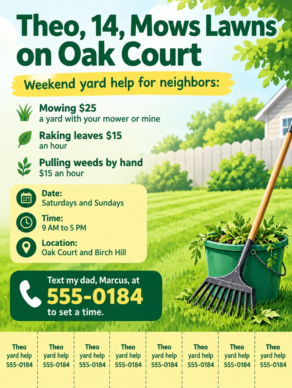 Teen yard help flyer reading Theo, 14, Mows Lawns on Oak Court, with job prices and tear-off tabs showing a parent's number