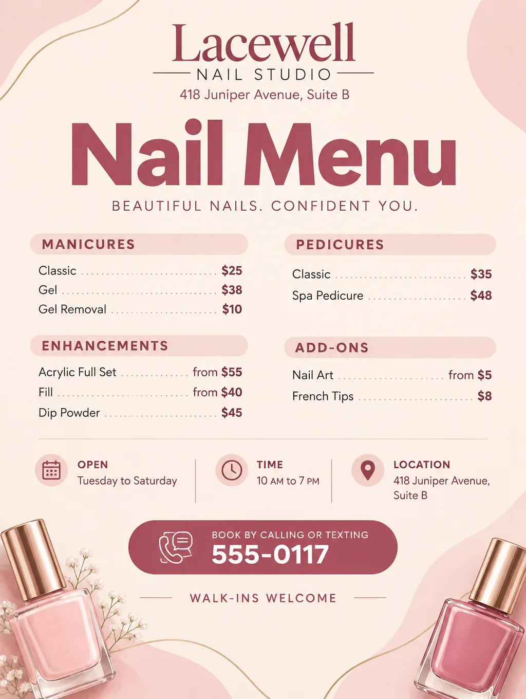 Nail salon price list flyer in blush pink and cream with two polish bottles and four groups of services with prices