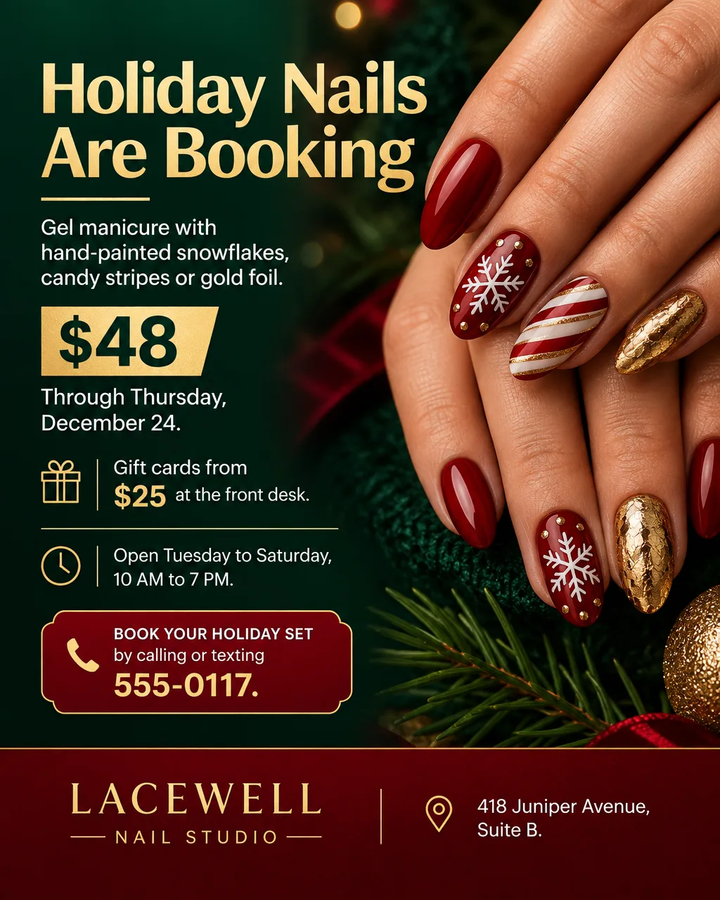 Holiday nail art flyer with a close-up photo of red and gold nails, Holiday Nails Are Booking, $48 gel sets