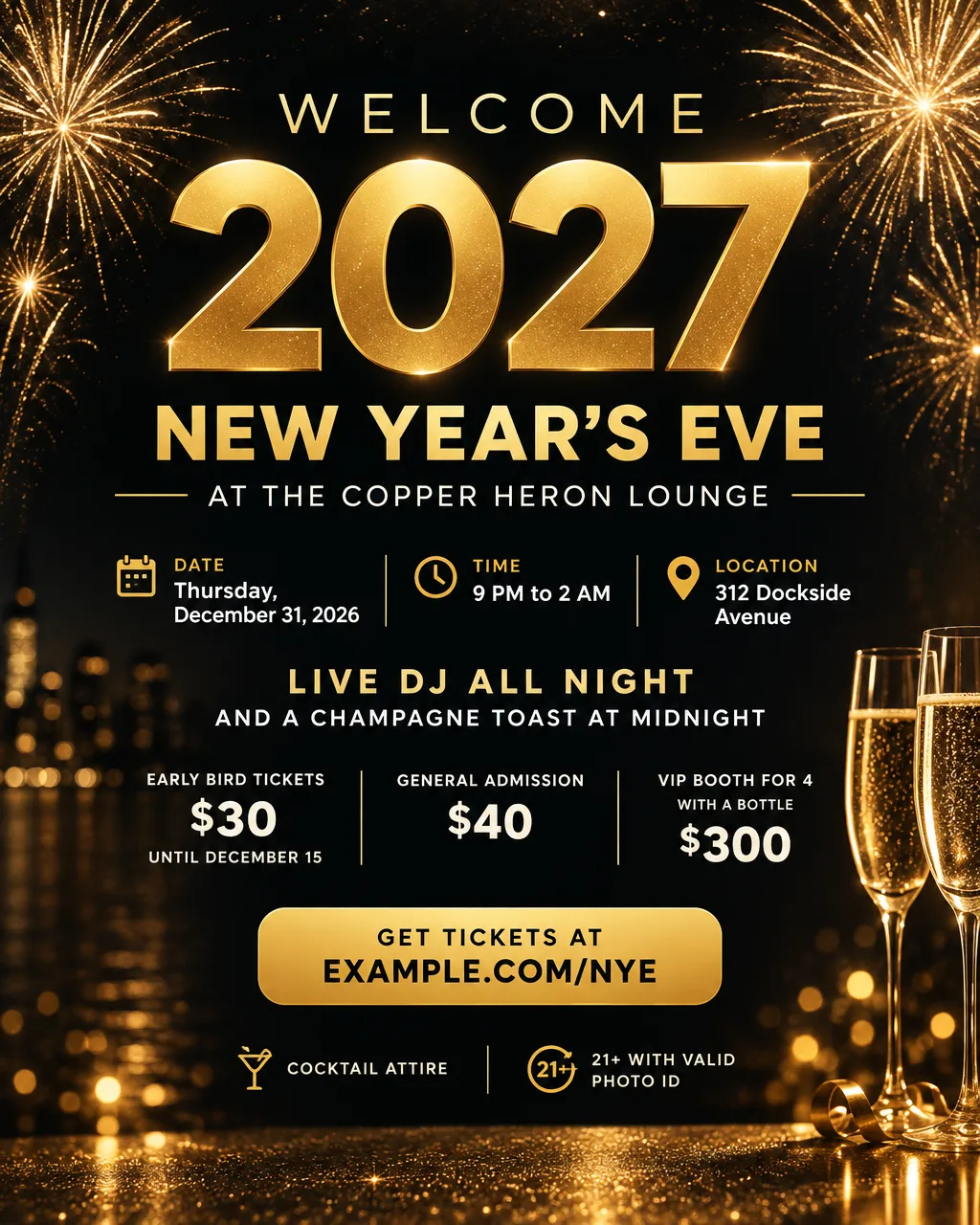 New Year's Eve club flyer in black and gold with fireworks, "Welcome 2027", three ticket prices and a 21+ line
