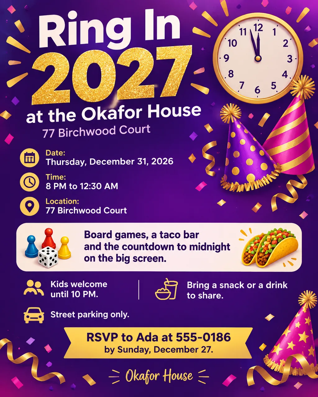 Colorful New Year's Eve house party invite with confetti, party hats, a cartoon clock at 11:59 and an RSVP number