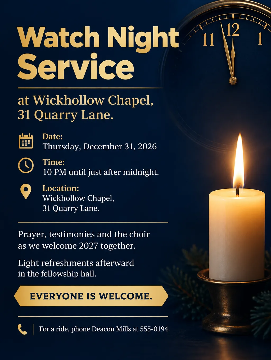 Watch night service flyer in midnight blue with one candle and a clock near midnight, the 10 PM start and the church address