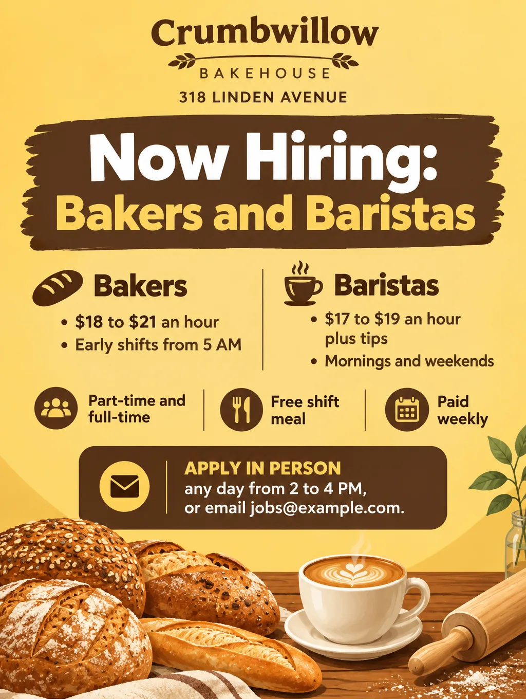 Bakery now hiring flyer for bakers and baristas with pay ranges, loaves of bread and a coffee cup