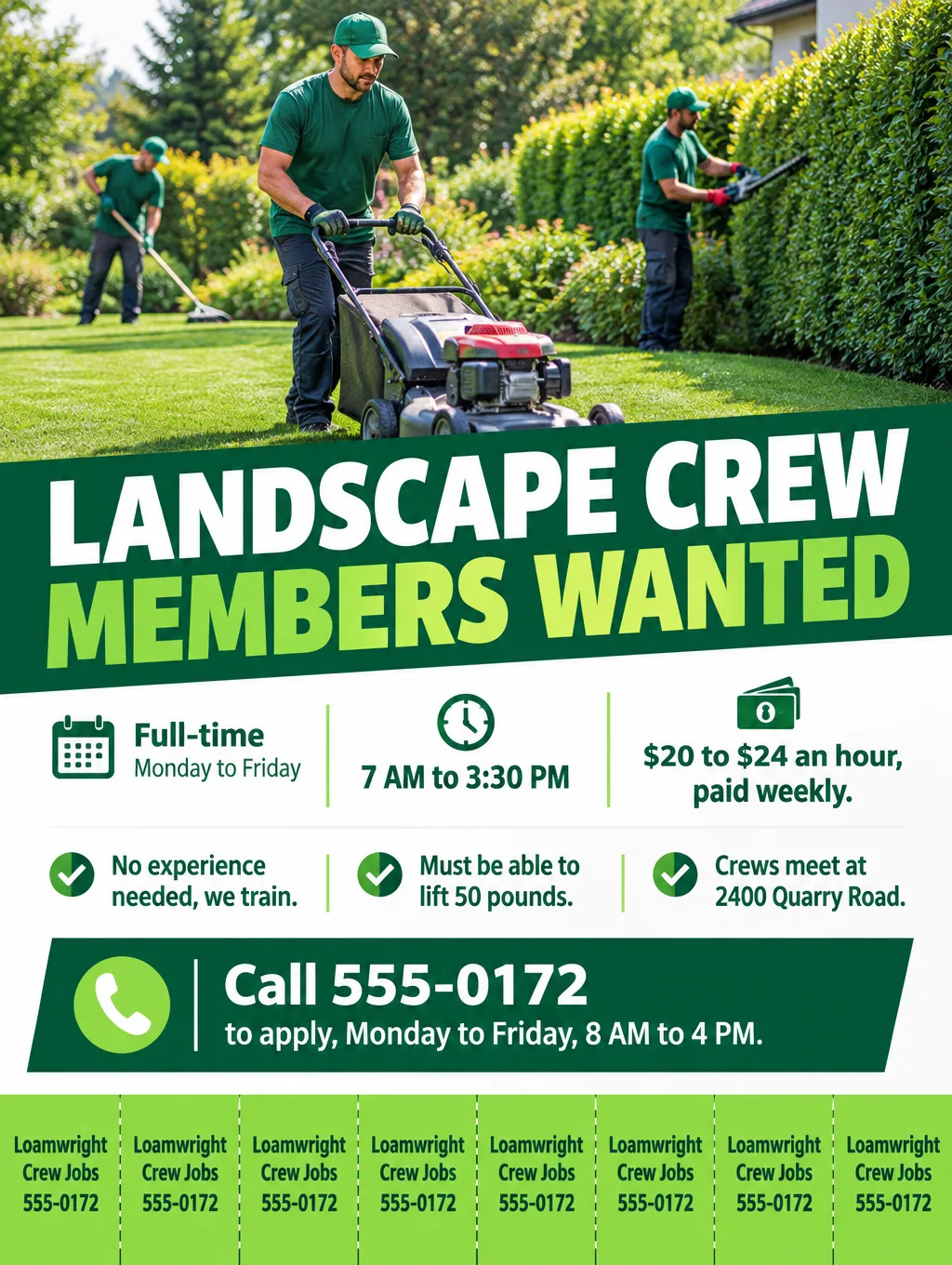 Landscaping crew hiring flyer with a photo of workers trimming hedges and tear-off phone tabs along the bottom