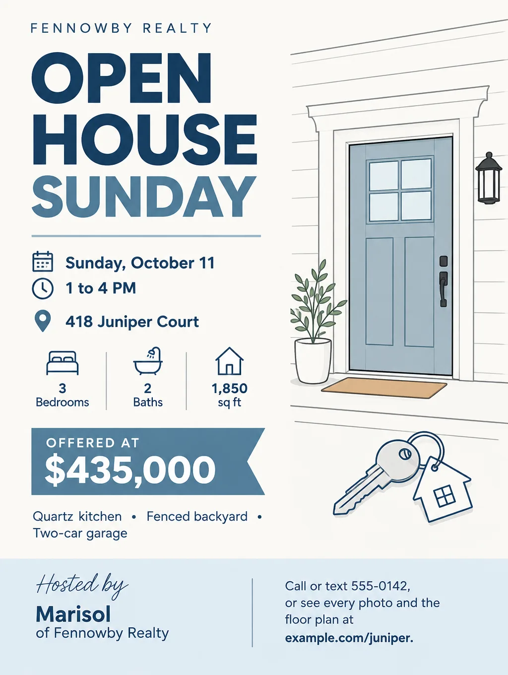 Open house flyer for 418 Juniper Court, Sunday, October 11, 1 to 4 PM, $435,000, with a line drawing of a front door