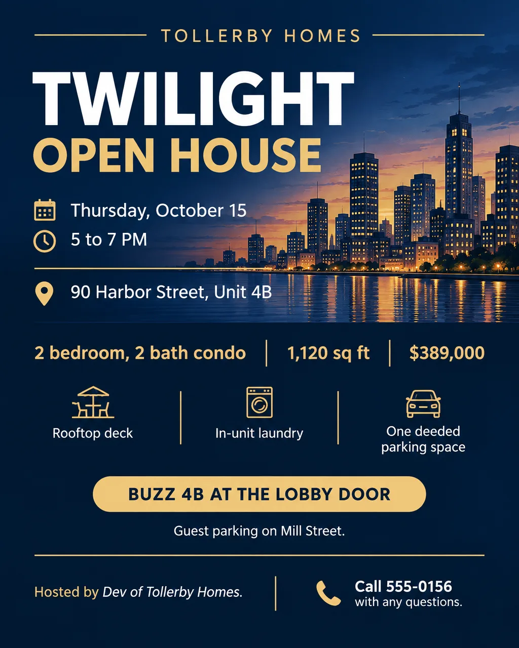 Twilight open house flyer for 90 Harbor Street, Unit 4B, Thursday, October 15, 5 to 7 PM, with a dusk skyline illustration
