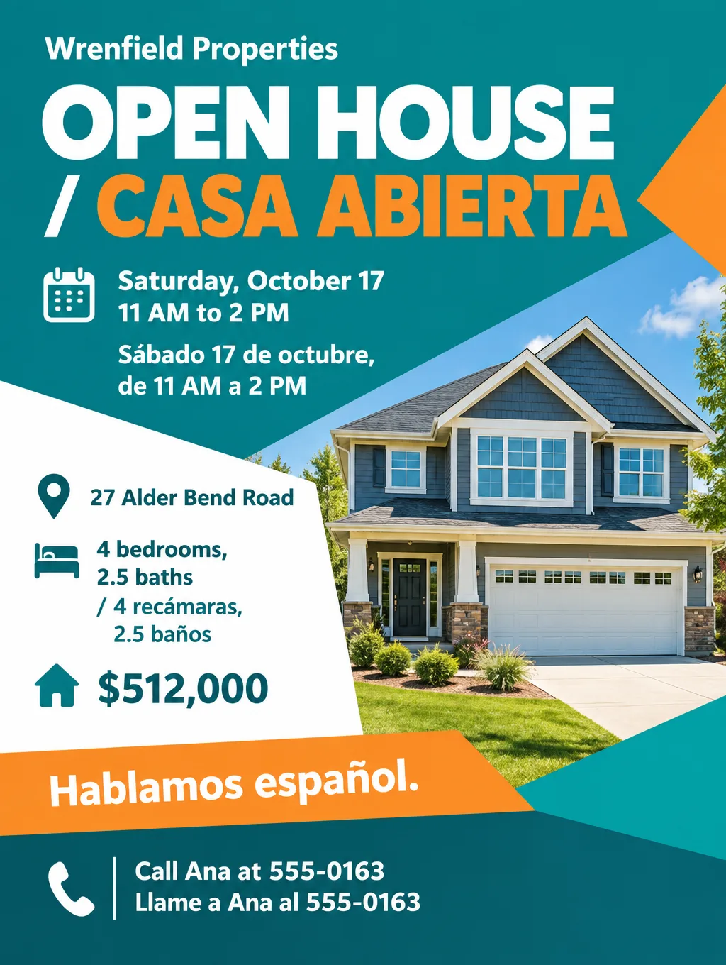 Bilingual open house flyer reading Open House and Casa Abierta for 27 Alder Bend Road, Saturday, October 17, 11 AM to 2 PM