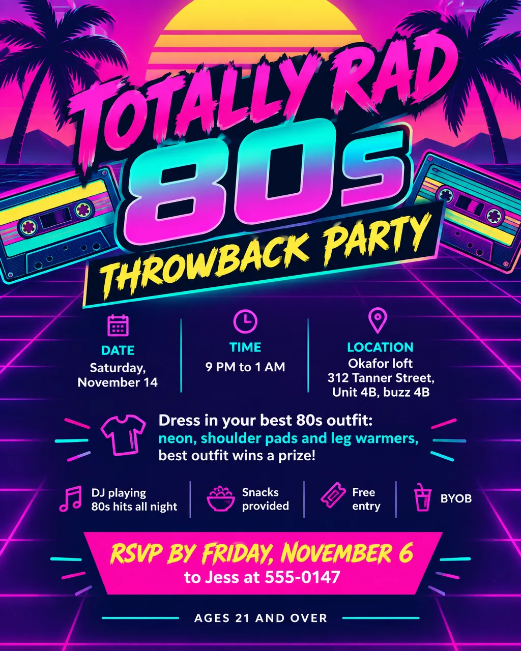 80s throwback party flyer with a neon grid sunset and cassette tapes, Saturday, November 14, 9 PM, ages 21 and over