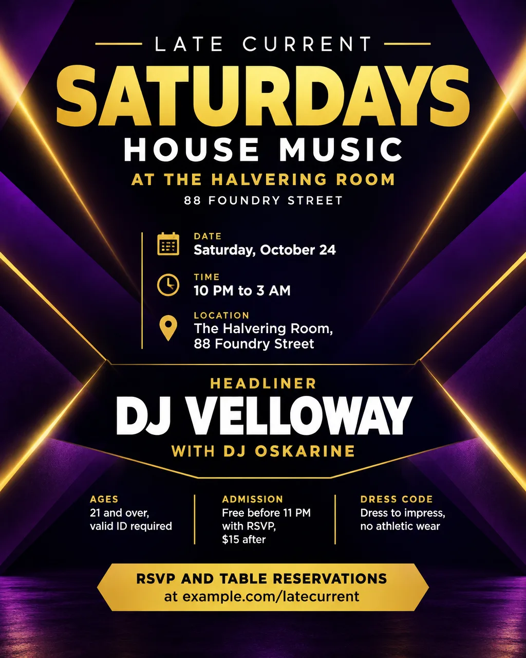 Club night flyer in deep purple and gold with light beams, Late Current Saturdays, October 24, from 10 PM, ages 21 and up