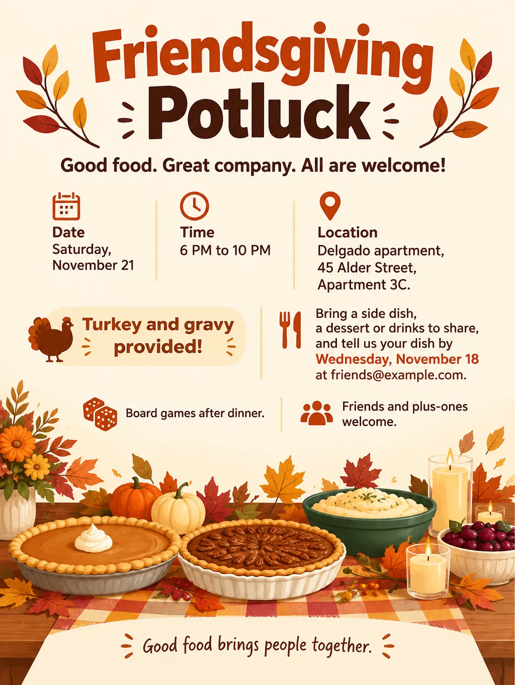 Friendsgiving potluck flyer with an illustrated table of pies, leaves and candles, Saturday, November 21, 6 PM