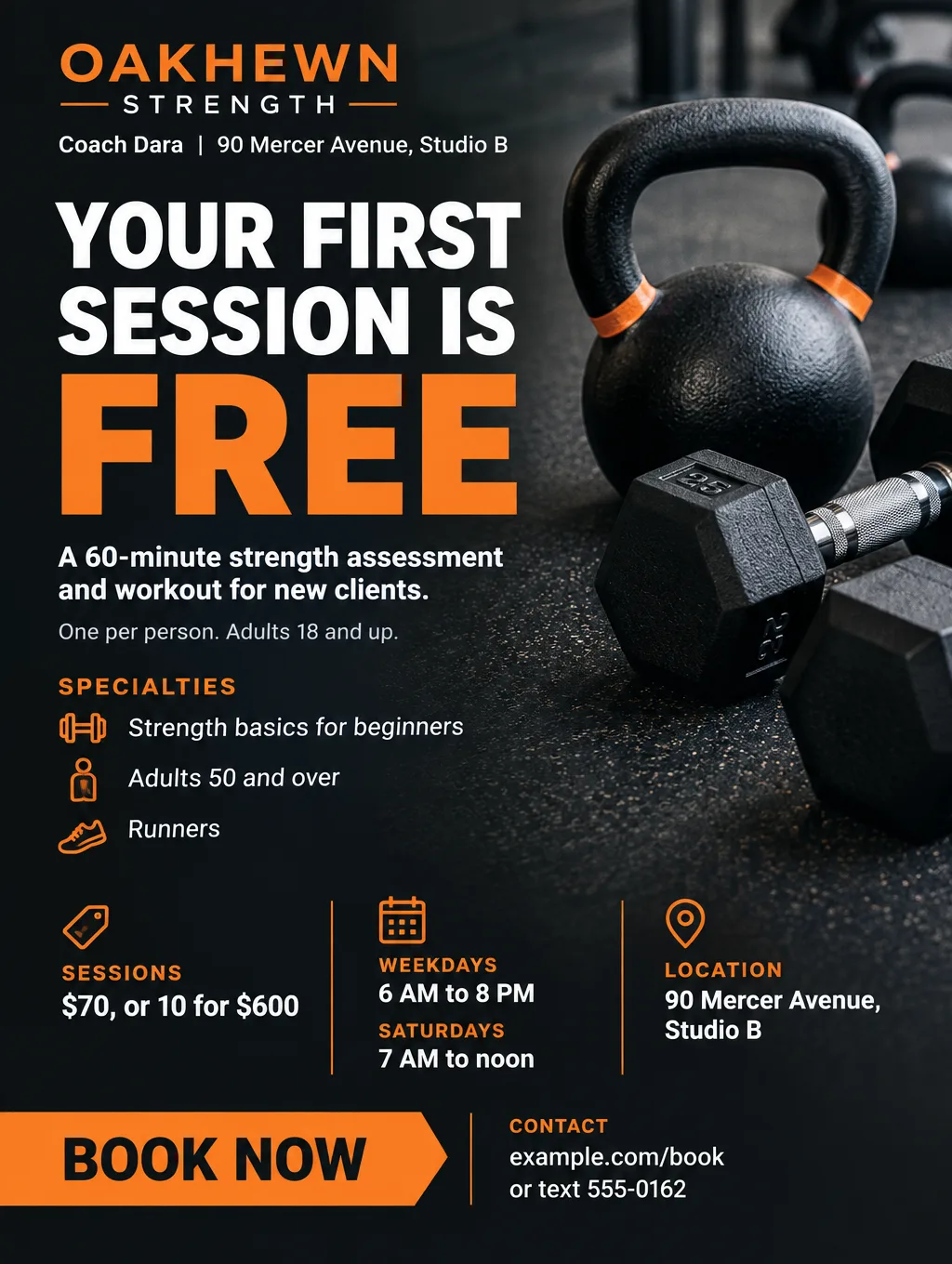 Personal trainer flyer with a photo of kettlebells and dumbbells on a rubber floor, Your First Session Is Free, $70 sessions
