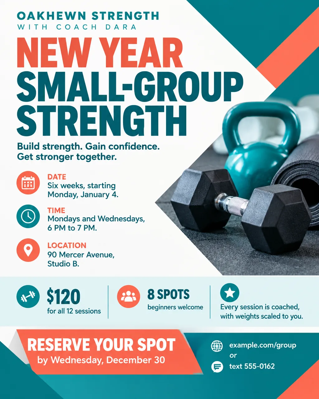 New Year small-group strength flyer in teal and coral with a dumbbell photo, starts Monday, January 4, 8 spots