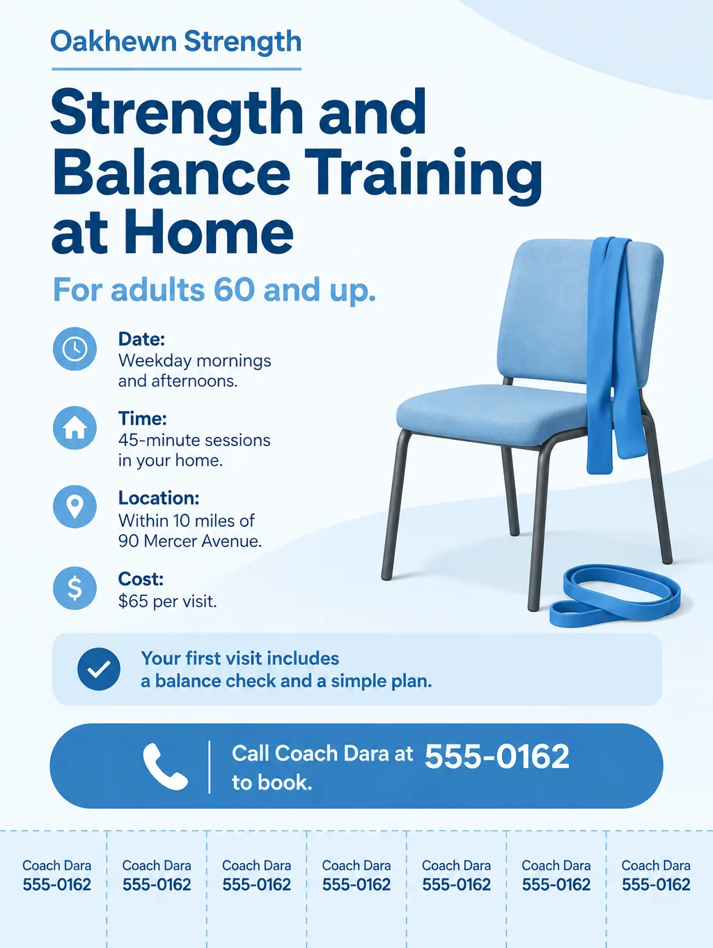 In-home strength and balance flyer for adults 60 and up with an illustrated resistance band and chair, tear-off phone tabs