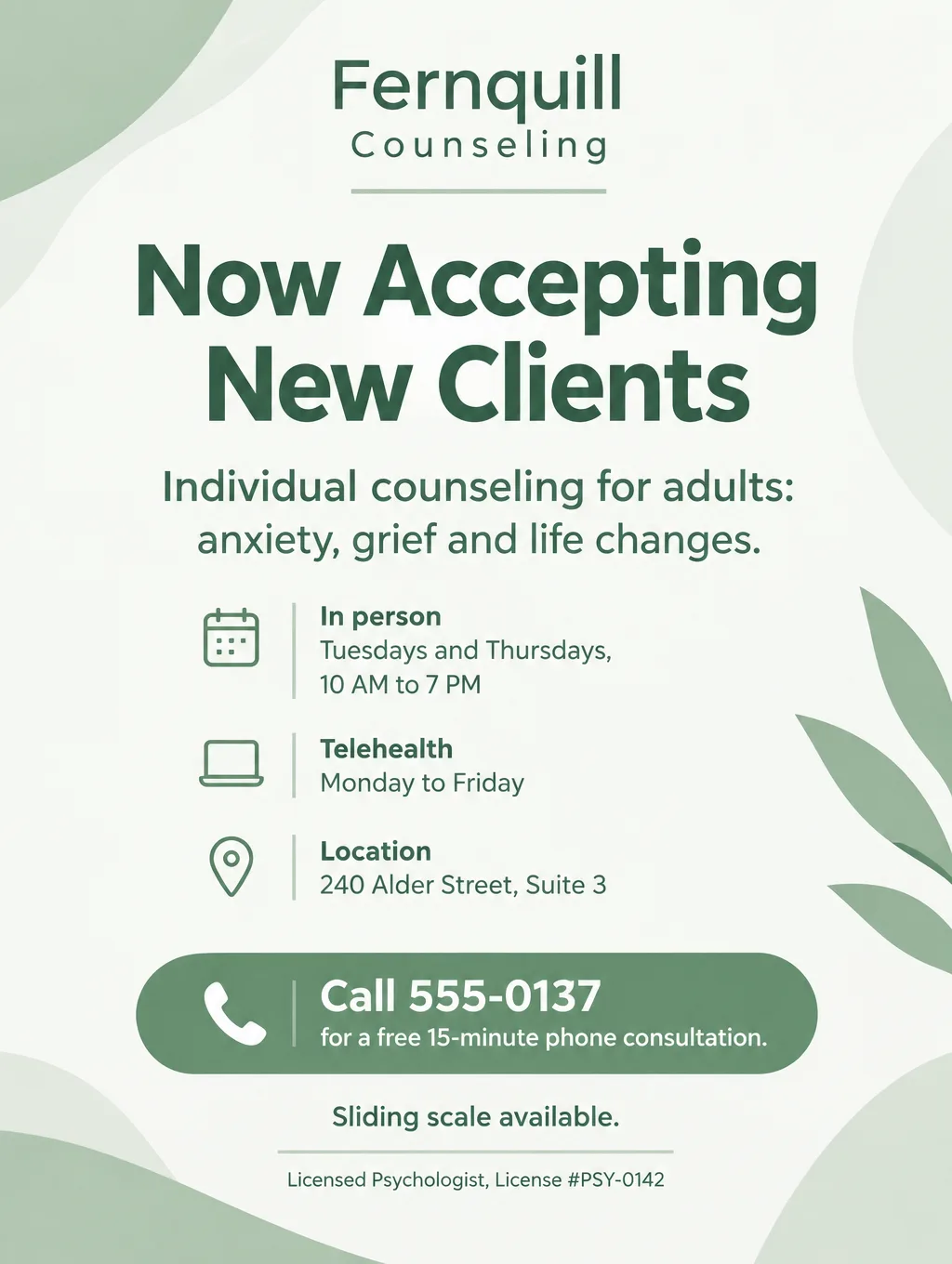 Calm sage green counseling flyer reading Now Accepting New Clients, with hours, a license line and a phone consultation offer