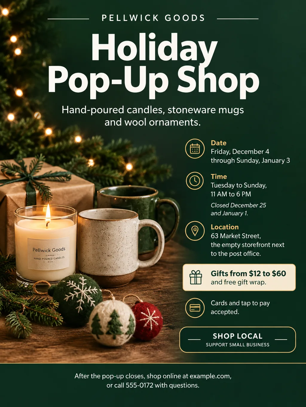 Deep green holiday pop-up shop flyer with a photo of candles, mugs and ornaments under string lights, open December 4 to January 3