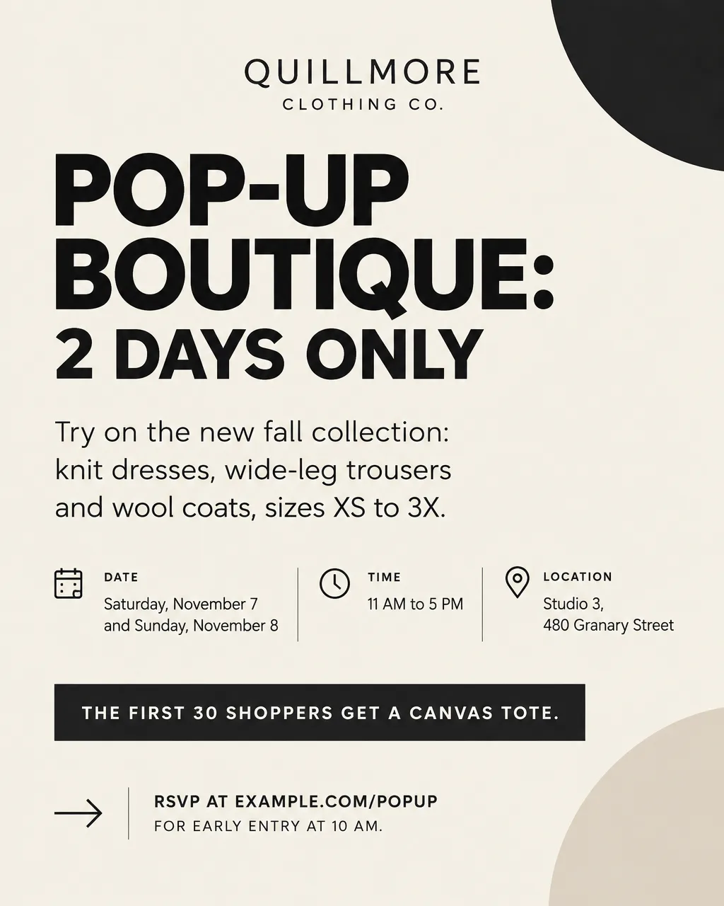 Minimal cream and black pop-up boutique flyer with geometric shapes, Pop-Up Boutique 2 Days Only, November 7 and 8