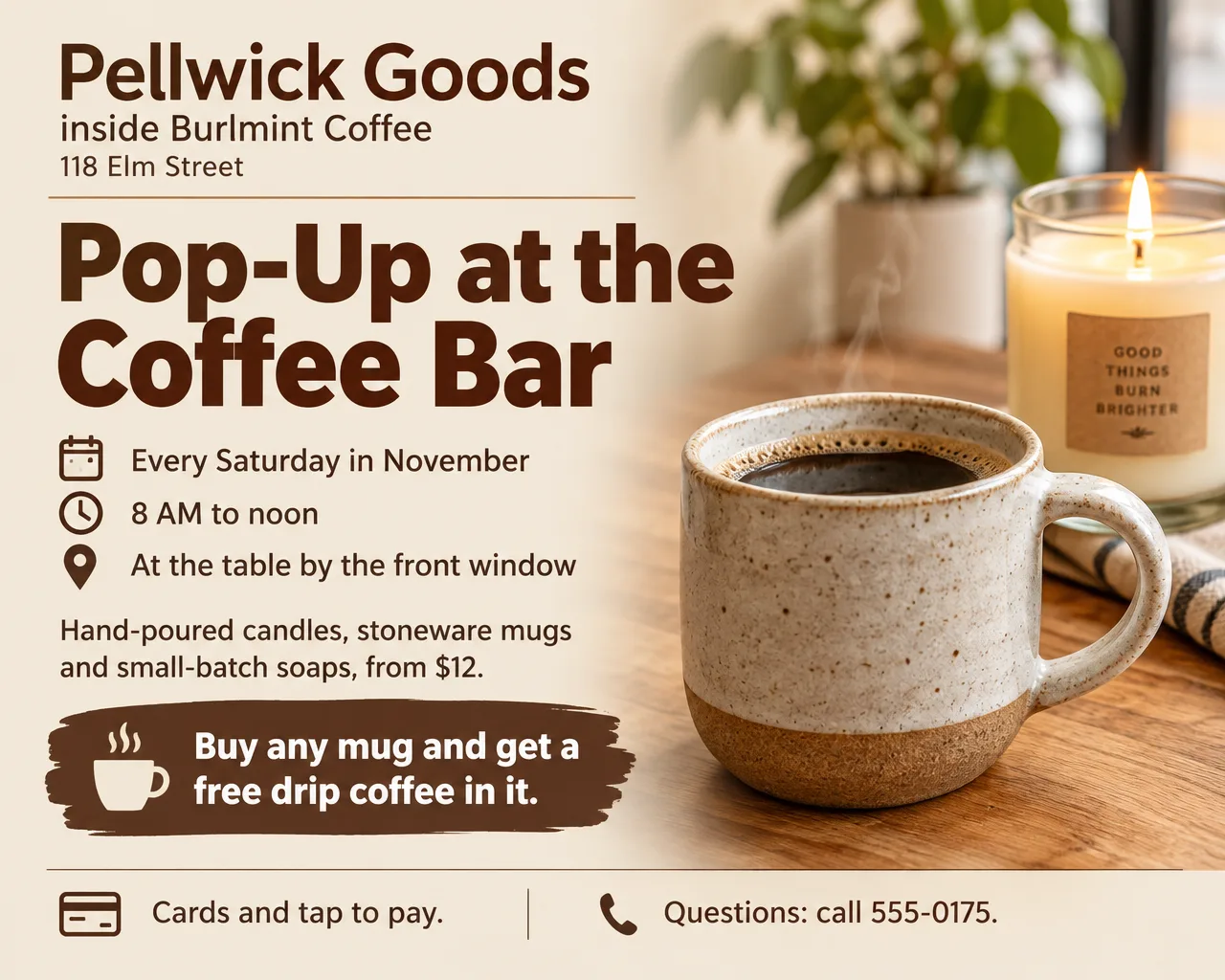 Cream and brown pop-up flyer with a photo of a coffee mug beside a lit candle, Pop-Up at the Coffee Bar, Saturdays in November