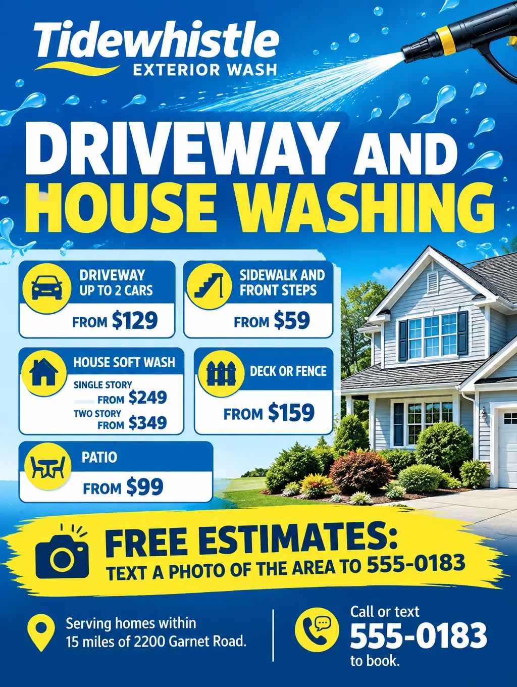 Pressure washing flyer with an illustrated spray wand and a price list: driveways from $129, house wash from $249