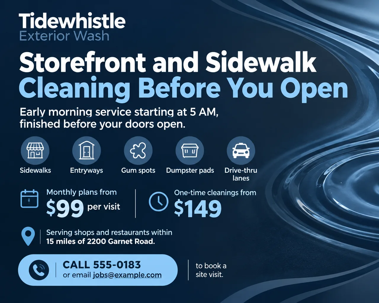 Commercial storefront and sidewalk cleaning flyer in navy and gray with abstract water ripples, plans from $99 per visit